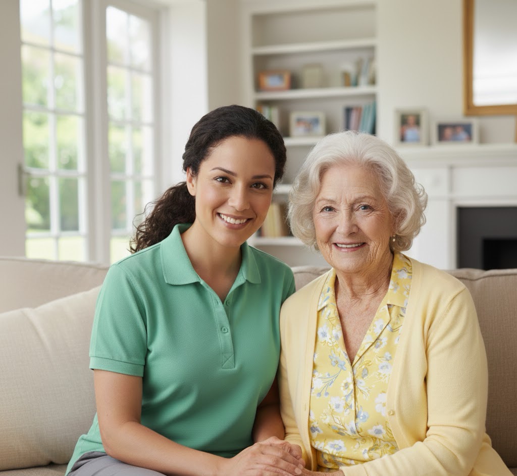 Caring caregiver with senior client in comfortable home setting