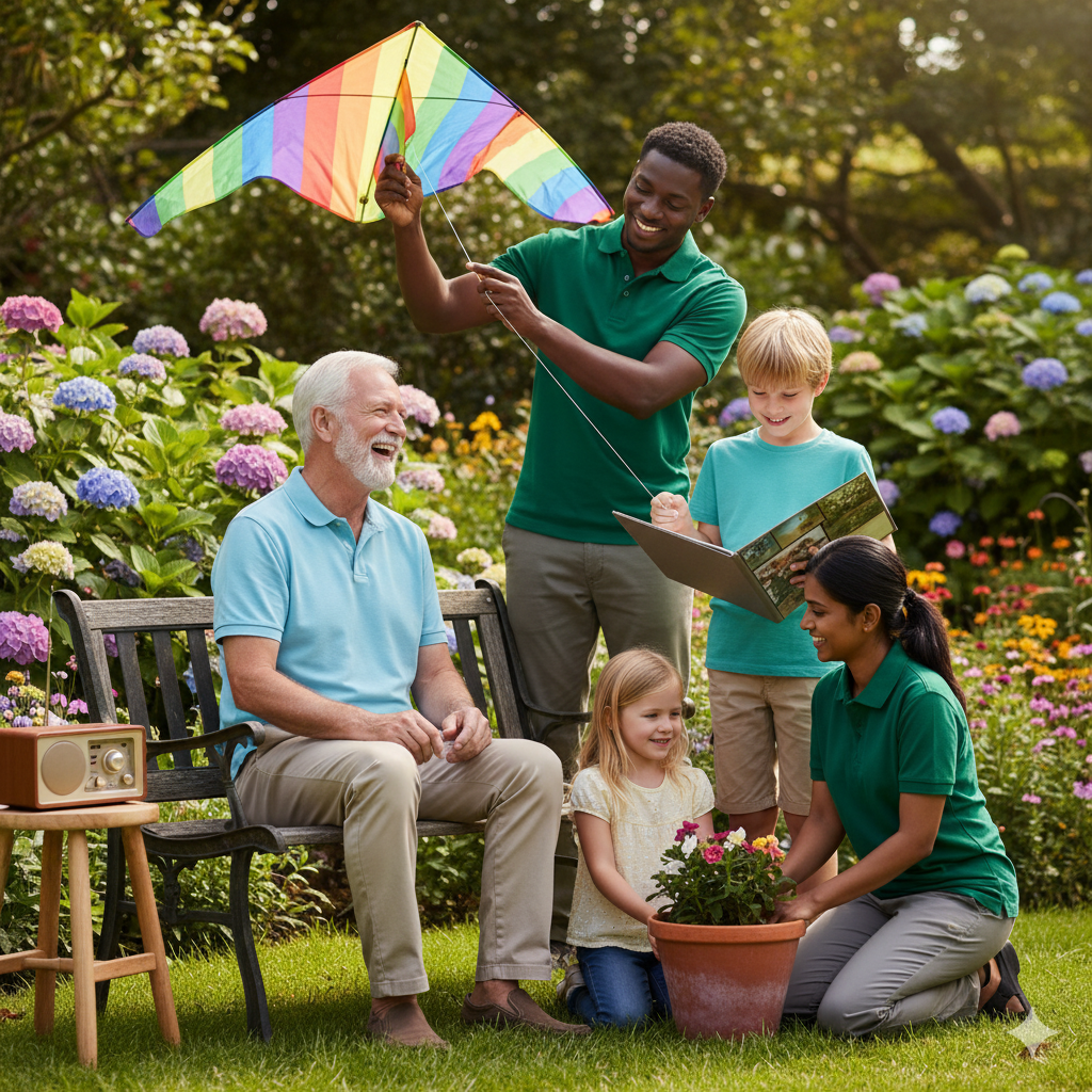 Senior sharing stories with family