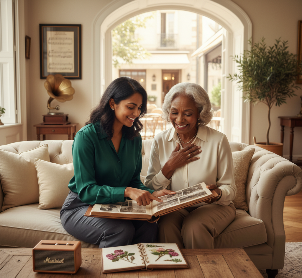 Elderly person looking through photo album